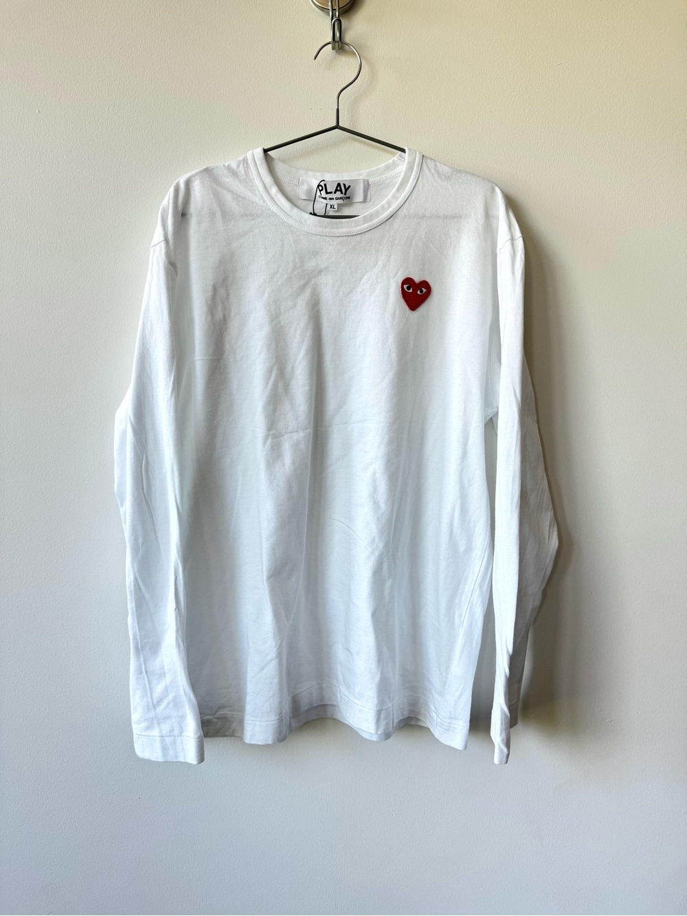 NWT Comme des Garcons PLAY White Long Sleeve Tee with Red Heart Patch - Size XL